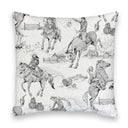 Pillow with black and white pattern of people on horses and farm scenes