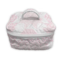 Quilted travel bag with pink floral pattern on a white background