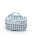 Blue and white checkered bag with a white zipper on a white background