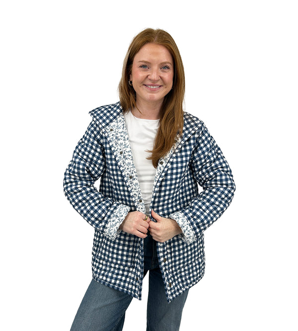 Anthia Gingham Navy Quilted Snap Jacket