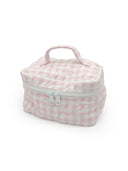 Pink checkered makeup bag with a handle on a white background
