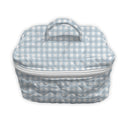 Blue and white checkered makeup bag on a white background