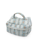 Patterned fabric bag with a handle on a white background