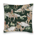 Decorative pillow with cowboy and horse pattern on a dark green background