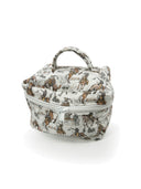 Patterned cosmetic bag on a white background