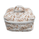 Cosmetic bag with vintage-style pattern on a white background