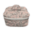 Cosmetic bag with toile pattern on a white background