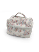 Quilted cosmetic bag with floral pattern on a white background