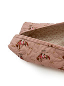 Pink quilted pouch with horse and rider design on a pink background