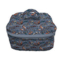 Blue cosmetic bag with cowboy pattern on a white background
