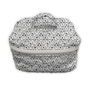 Patterned fabric bag with a zipper on a white background
