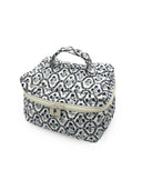 Black and white patterned cosmetic bag on a white background