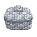 Patterned fabric bag with a zipper on a white background