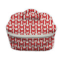 Red and white patterned fabric bag on a white background