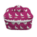 berry colored quilted travel bag with white chicen pattern