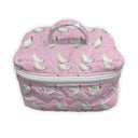 light pink quilted travel bag with white chicken pattern