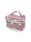 light pink quilted travel bag with white chicken pattern