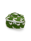 sage green quilted travel bag with white chicken pattern