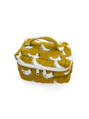 mustard yellow quilted travel bag with white chicken pattern
