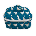 blue quilted travel bag with white chicken pattern 
