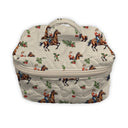 cream quilted travel case with santa riding a horse with mistle toe scattered. 