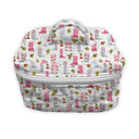 white quilted travel bag with pink and blue boot pattern