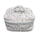 Patterned fabric storage bag with handles on a white background