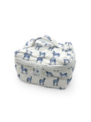 Cosmetic bag with blue donkey pattern on a white background