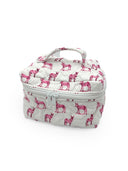 Quilted fabric case with pink dog pattern on a white background