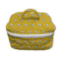 mustard colored quilted travel bag with donkey pattern 