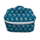 blue quilted travel case with donkey pattern