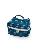 blue quilted travel case with donkey pattern