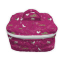 berry colored quilted travel bag with farmstead pattern