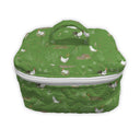 sage green quilted travel bag with farm pattern