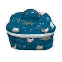 peacock blue quilted travel bag with farmstead pattern