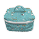 light blue quilted travel bag with farm pattern