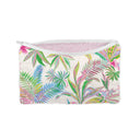 Floral-patterned tissue box cover in pastel colors with a tropical design.