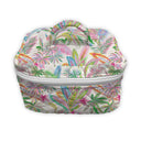 Cosmetic bag with colorful tropical leaf pattern on a white background