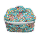 turquoise quilted travel case with jewel tone floral pattern