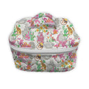 white quilted travel bag with colorful jungle themed animals 