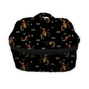 black quilted travel bag with bonc and brand pattern