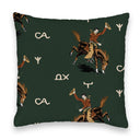 Decorative pillow with cowboy and horse design on a dark green background