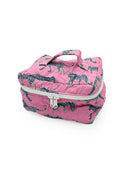 Pink travel bag with leopard pattern on a white background