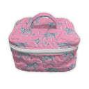 Pink cosmetic bag with silver cat pattern on a white background