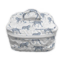 White quilted bag with blue leopard pattern on a white background