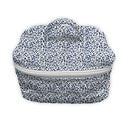 Cosmetic bag with blue leopard print pattern on a white background