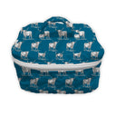 blue quilted travel case with white longhorn pattern