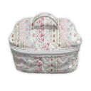 Floral-patterned cosmetic bag on a white background