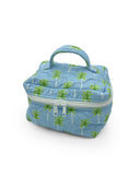 Blue cosmetic bag with palm tree pattern on a white background