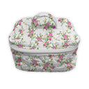 white quilted travel case with blue, pink, greenm and yellow floral pattern